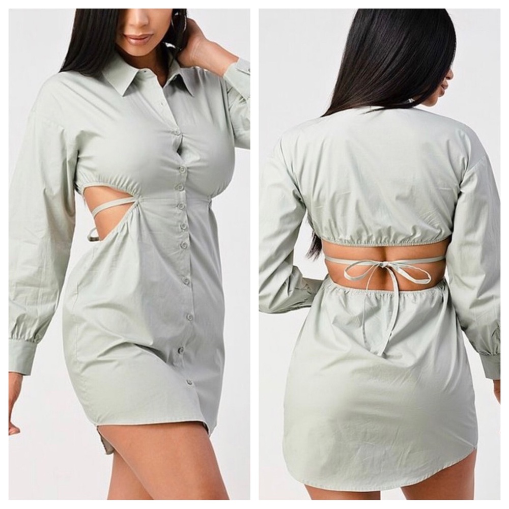Shero Open Back Long Sleeve Button Up Green Shirt Dress Size Small NEW